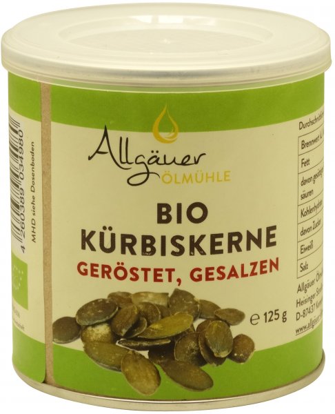 Allgäuer Bio Kürbiskerne, geröstet und gesalzen, Dose: 125 g